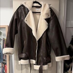 WeWoreWhat Chocolate Vegan Leather Jacket with Cream Accents